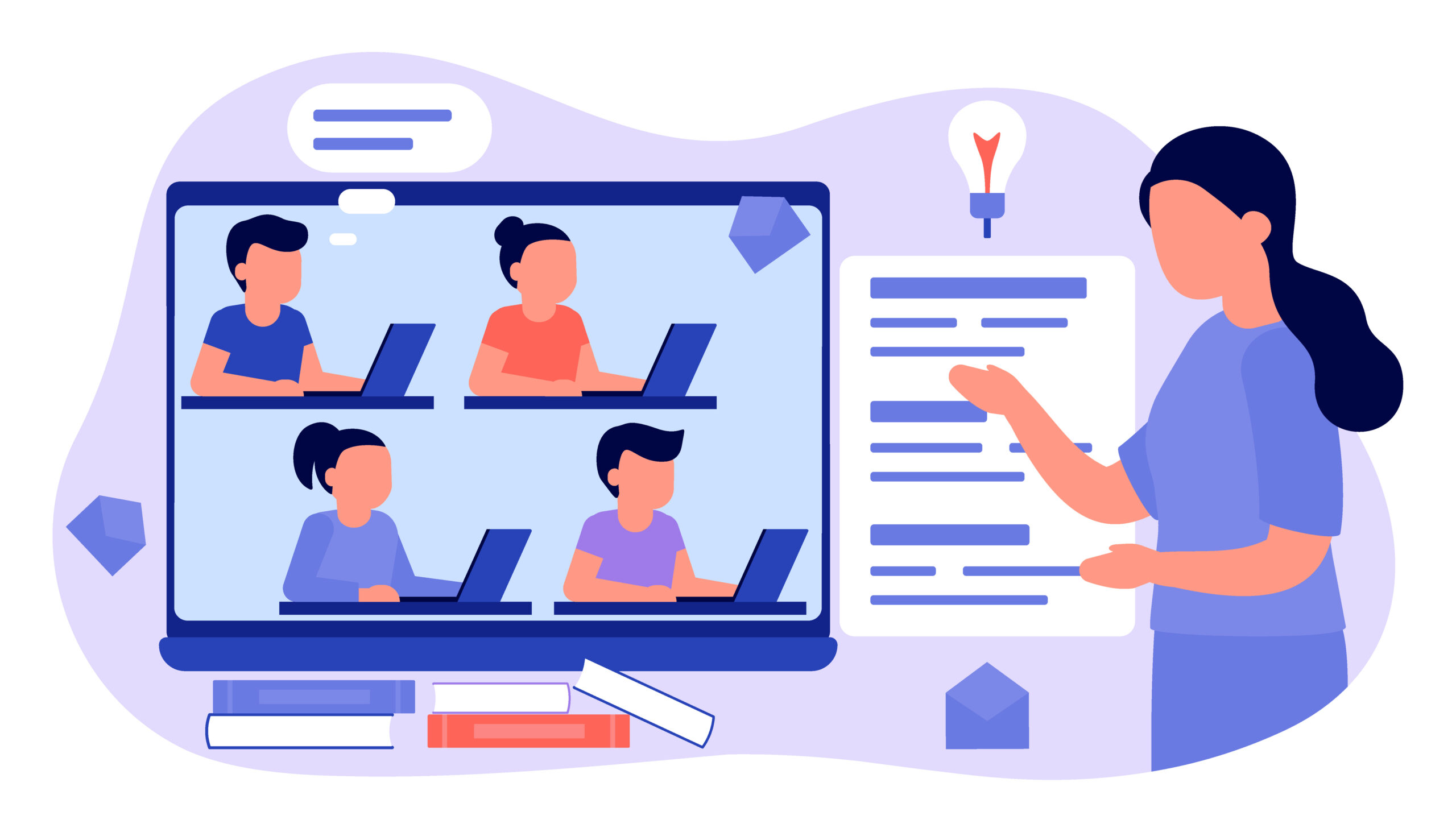 Learn from distance with teacher, online education. Kids boy and girl is sitting on laptop and studying lesson. Child learns remotely. Home school, web e-learning, knowledge concept. Vector flat style